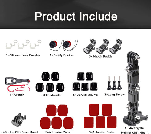 34in1 Motorcycle Helmet Chin Mount Kits for GoPro Hero 10 9 8 7 Black Silver White 6 5 4 Osmo and Other Action Camera with Helmet Adhesive Sticky Mounts and Buckle, Extra Camera Tethers