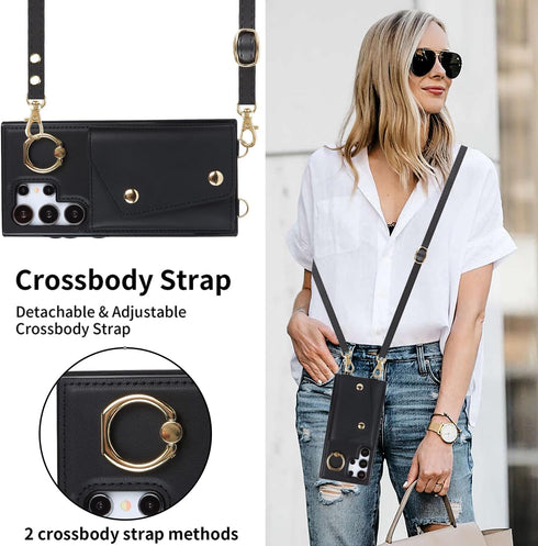 for Samsung Galaxy S24 Ultra Phone Case for Women, Crossbody Wallet Case with Credit Card Holder, Shockproof Black
