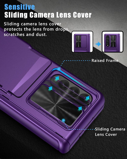 Vihibii Case for Samsung Galaxy Z Fold 4 5G with Card Holder, Sliding Camera Lens Cover, Hinge Protection, Dark Purple