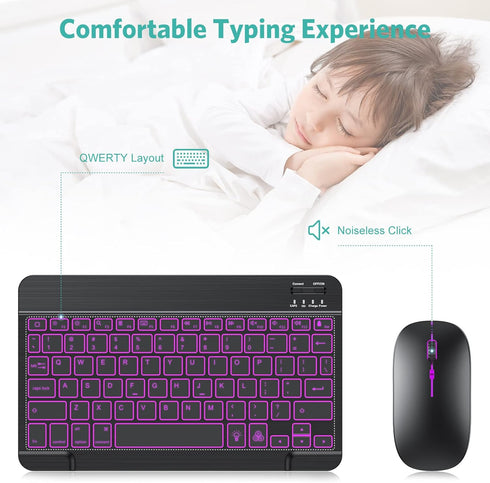 TECURS Bluetooth Keyboard & Mouse Combo for iPad, 7-Color Backlit, Rechargeable, Compatible with iPad 10th/9th/8th Gen,