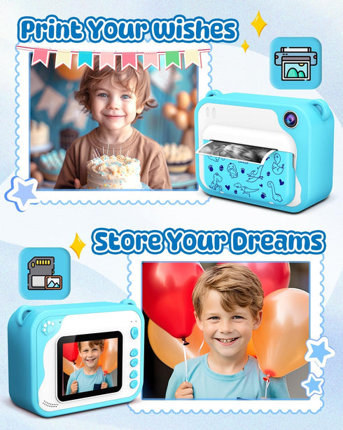 Instant Print Kids Camera, Ink Free Printing Dinosaur Camera for Ages 3-12, Christmas Gifts, Blue
