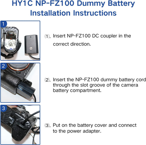 NP-FZ100 Dummy Battery AC Power Adapter Kit for Sony Alpha A7III A7IV A7C A7SIII A7RIII A7RIV Cameras