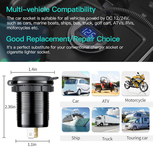 12V USB Outlet 78W, 3 Port USB C Fast Charger with Switch & Voltmeter, Waterproof Car Charger Socket for Marine RV Truck