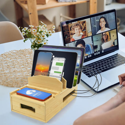 ZOOFOX Bamboo Charging Station for Multiple Devices, Desk Docking Station with Removable Divider Slots and Drawer