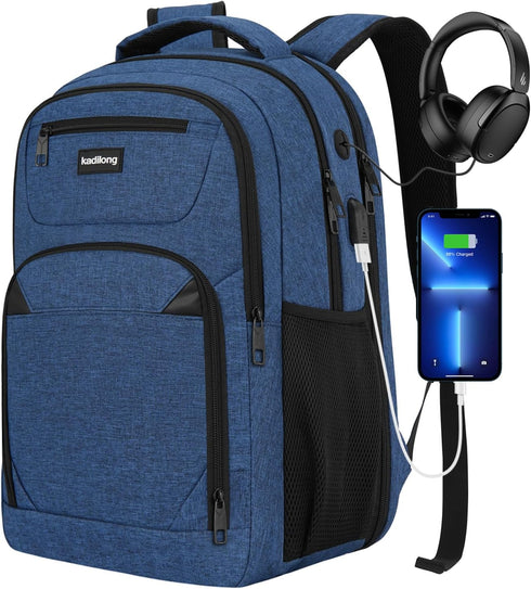 Laptop Backpack for Women & Men, Anti Theft Slim Computer Bag with USB Charging Port, Water Resistant, Blue