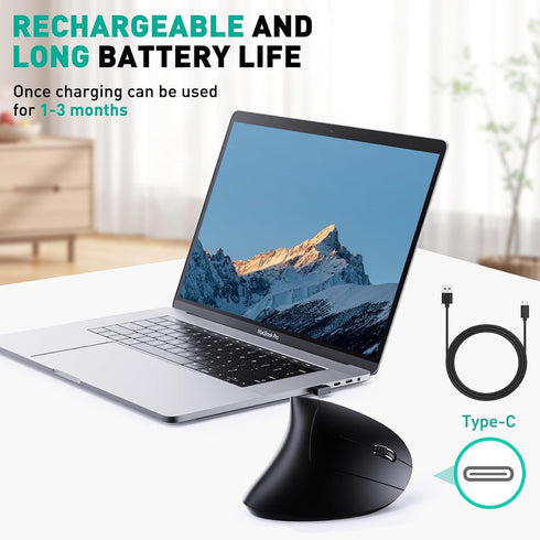 Bluetooth and 2.4G Rechargeable Wireless Mouse, Ergonomic Vertical Design, 1000/1200/1600 DPI, Black