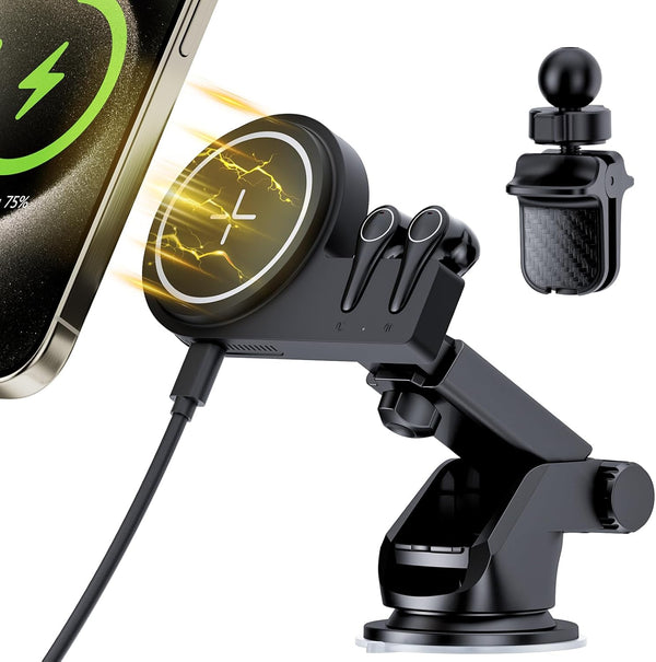 Magsafe Car Mount Charger & Bluetooth Earbud, 15W Magnetic Wireless Car Charger for iPhone 15/14/13/12 Series