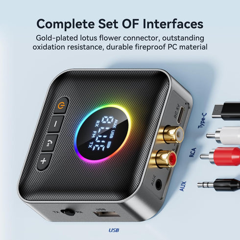 M10 RGB Upgraded Bluetooth 5.4 Audio Receiver Transmitter for TV Home Stereo/Speakers with USB, RCA, AUX