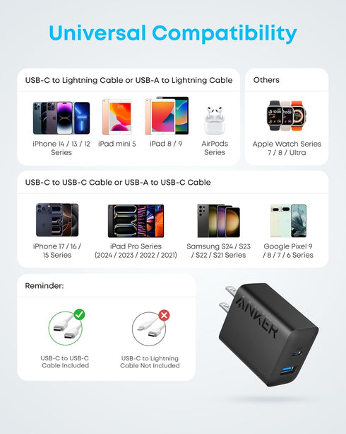 Anker 17/16 2-Pack 20W 16/16 Max/15 2 Pack 2 iPhone Charger, Fast USB C Charger Block, for iPhone Pro Series/iPad Pro