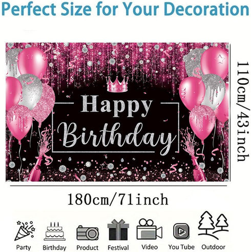 Pink and Black Happy Birthday Backdrop, Glitter Balloon Decorations for Women and Girls Party