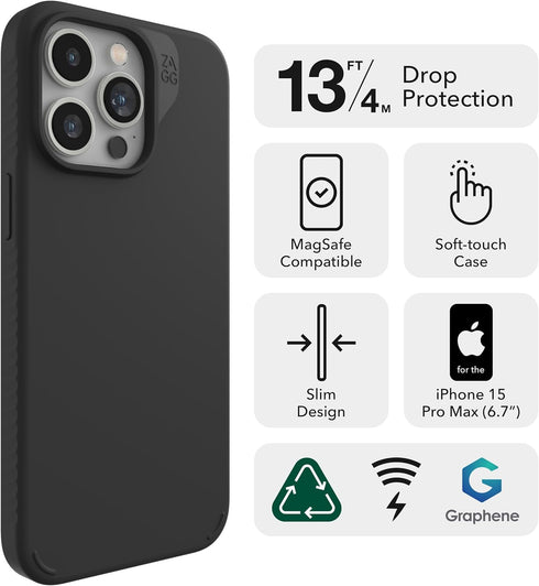 ZAGG Manhattan Snap Case for iPhone 15 Pro Max, Premium Silicone, Durable Graphene Material, Sage Green
