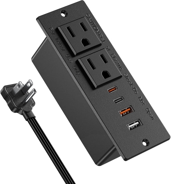 Recessed Power Strip with 30W USB C, Ultra Thin Flat Plug, 2 Outlets, 4 USB Ports, 6ft Cord (Black)