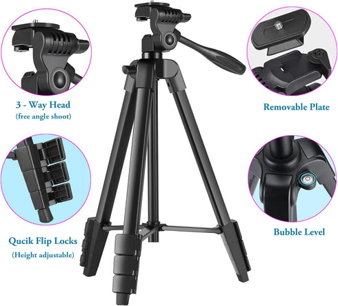 Peastrex 55'' Camera Tripod with Travel Bag, Cellphone Tripod with Remote, Aluminum Portable Travel Tripod Stand