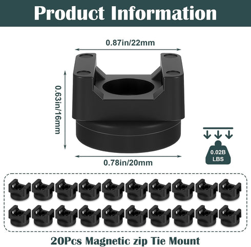 20 (22 mm) Pcs Magnetic Zip Tie Mount Base, Black Magnetic Cable Clip, Multipurpose Cable Ties Management Base
