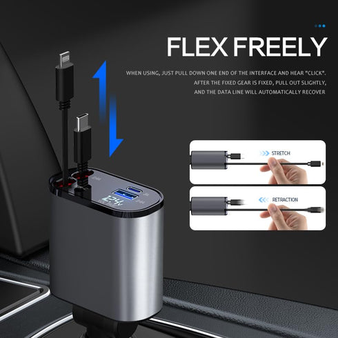 4 in 1 Fast Car Phone Charger, 100W USB C Car Charger Adapter (2.6Ft) with 2 USB Ports, Retractable Car Charger (Type