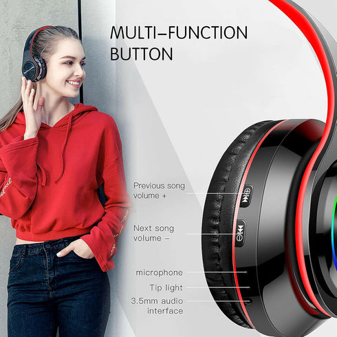 Bluetooth Over Ear Headphones, Foldable LED Stereo Headset with Built-in Microphone, Noise-Cancelling for
