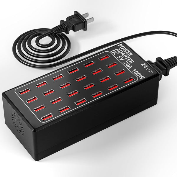 24-Port 100 Watt Charging Station for Multiple Devices, Rapid USB Charging Station for Hotels, Schools, and Travel