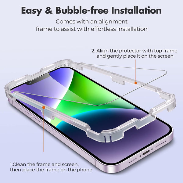 UNBREAKcable 3-Pack iPhone 14 Screen Protector, 9H Hardness, Shatterproof, HD Clear, Case Friendly, Easy Install Frame.