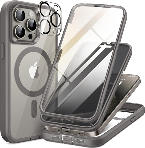 TIESZEN iPhone 15 Pro Case - Dark Gray, Magnetic, Magsafe Compatible, 9H Tempered Screen & Privacy Protectors,