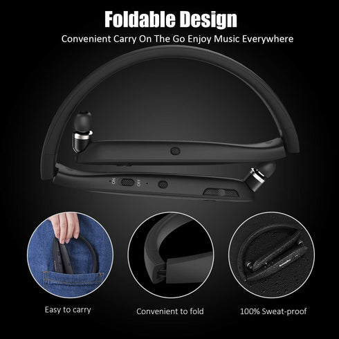 RoomyRoc Bluetooth Headphones, Wireless Neckband Headset with Retractable Earbuds, Sports Noise Cancelling