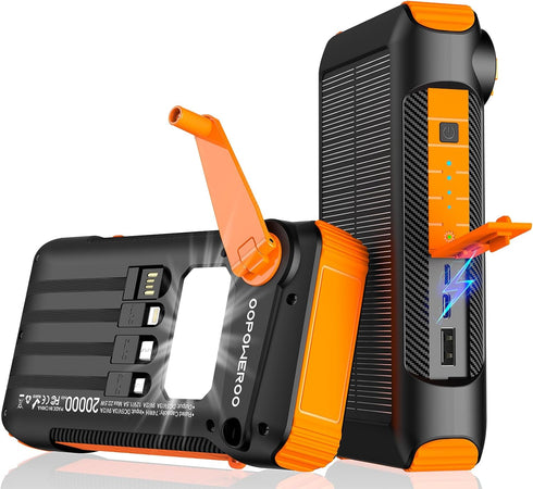 Solar Power Bank 20,000mAh with Hand Crank and 4 Cables, 22.5W Fast Charge, 5 Outputs, SOS Flashlights, Carabiner