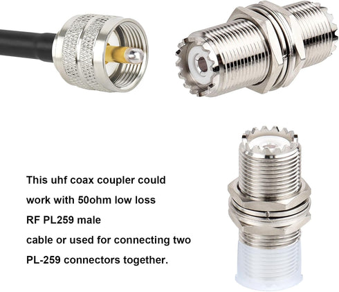 XRDS -RF 2pcs UHF Female to UHF Female Bulkhead Connector 50O Impendence Adapter for CB Radio