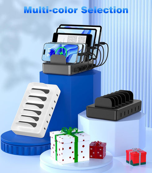 CREATIVE DESIGN 50W Charging Station, 6 Port Multiple USB Charger Station with 6 Cables for iPhone, iPad, Kindle, and