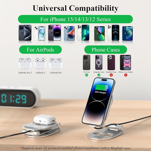 Minthouz Magnetic Wireless Charger, Foldable MagSafe Charging Stand, Adjustable Aluminum Phone Holder with 20W USB-C