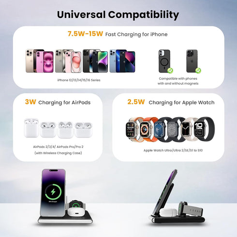 Jabees 4-in-1 15W Bedside Charging Dock: Wireless Charger + Night Light for iPhone, Samsung, Apple Watch & AirPods