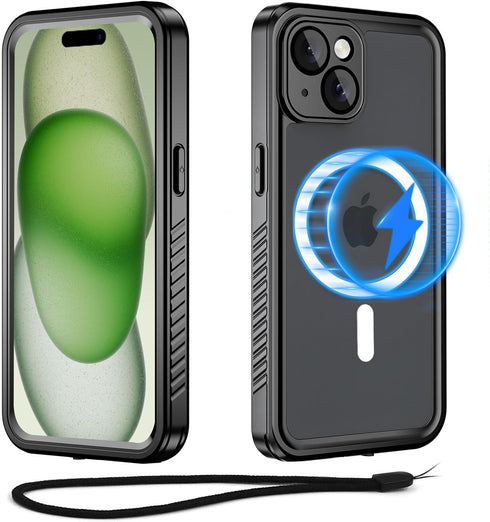 iPhone 15 Plus Case, Magnetic Waterproof with Built-in Screen Protector, Dustproof Heavy Duty Cover, 6.7 Inch, Black