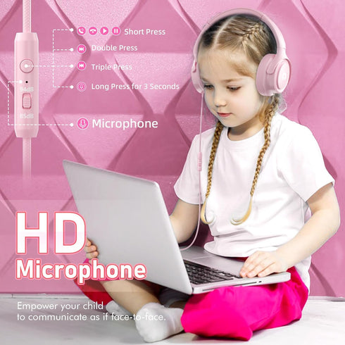Kids Headphones with Cord, 3.5mm Jack, Safe Volume Control, Built-in Microphone, Pink