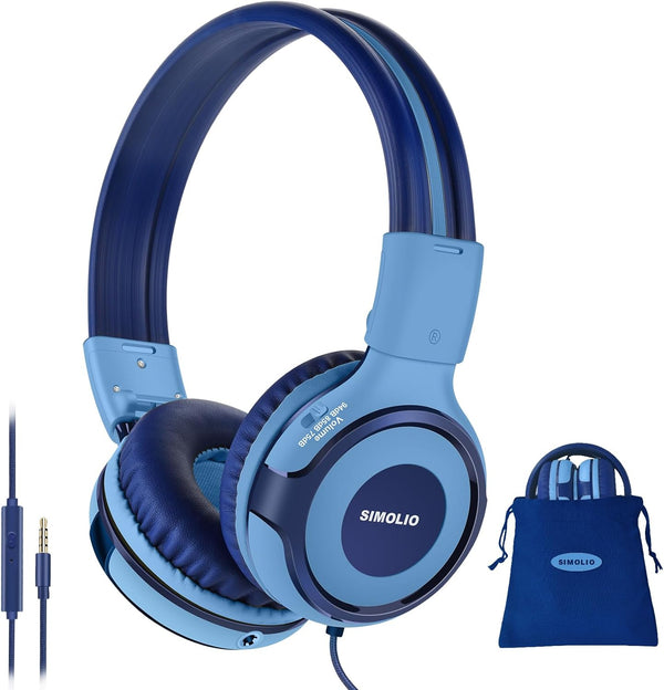 SIMOLIO Kids Headphones Wired with Microphone, Volume Limiter, Sharing Jack, Adjustable & Durable, Foldable Stereo for