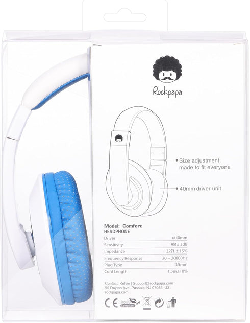 rockpapa Comfort Kids Headphones for School, Lightweight Over-Ear Wired 3.5mm for Boys Girls Teens, Travel White/Blue