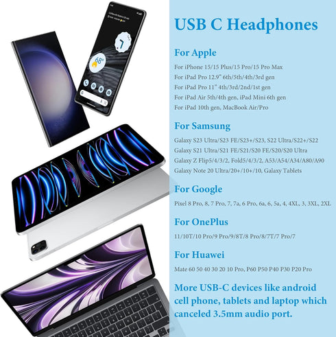 USB C Headphones for iPhone 15 Plus iPad 10th/Pro, USB Type C Earphones with Mic Volume Control for Samsung S24