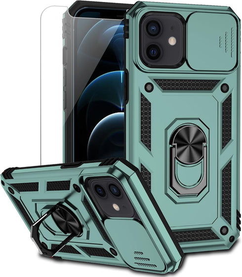 iPhone 12 Mini Case with Camera Lens Cover, Dual Layer Military Grade Drop Protection, Magnetic Ring Holder