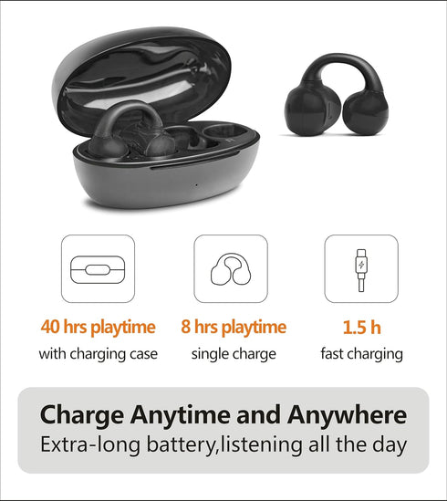 Open Ear Earbuds, Wireless Bluetooth 5.3 Clip-on Headphones, 40H Playtime for Workouts Running