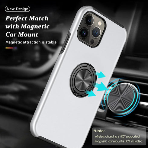 PELEPUES Shockproof Case for iPhone 13 Pro 6.1'', Military Grade Cover with Embedded Finger Ring & Metal Stand (Silver)