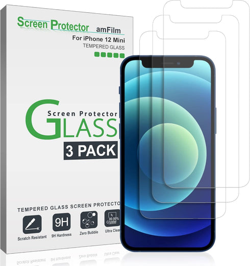 amFilm Glass Screen Protector for iPhone 12 Mini, 5.4" Display, 2020, Tempered Glass, Easy Installation Tray, 3 Pack