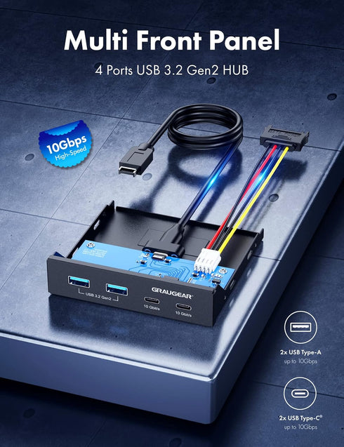 GRAUGEAR 3.5 Inch Front Panel Hub, 4 Ports Internal Metal USB Hub, 2X USB-C 10Gbps, 2X USB 3.2 Gen 2 Ports, USB3.2