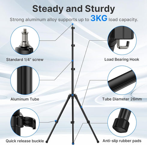 TT43 6.23ft Ulanzi Extendable Photography Light Stand, Adjustable Aluminum Tripod, Reversible Portable Studio Lighting
