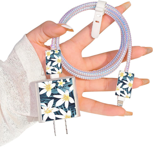 CameCosy for iPhone Charger Cable Protector, Pretty Lily Flower Design, Data Cable USB Case Cord Saver for iPhone