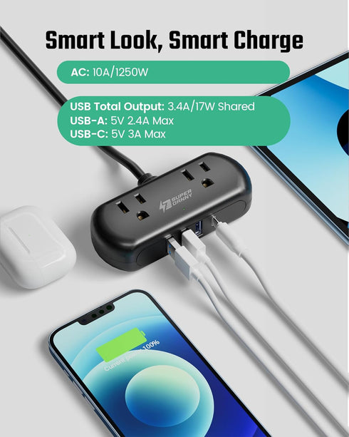 2Ft Extension Cord, SUPERDANNY Mini Surge Protector with 2 Wide-Spaced Outlets, USB Power Strip
