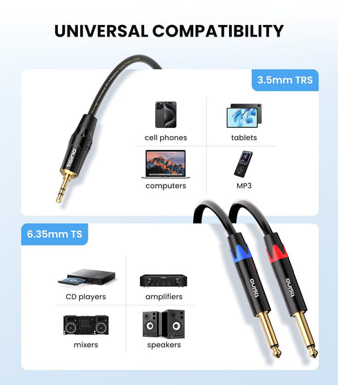 tisino 1/8 to 1/4 Stereo Cable, 1/8 Inch TRS Stereo to Dual 1/4 inch TS Mono Y-Splitter Cable, 3.5mm Aux Mini Jack to