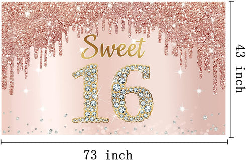 Sweet 16th Birthday Banner Backdrop Decorations for Girls, Rose Gold 16 Birthday Party Sign Supplies, Pink Poster Decor