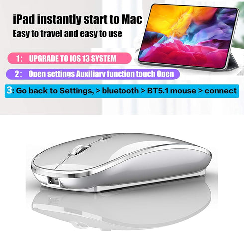 Rechargeable Wireless Bluetooth Mouse, Compatible with iPad Pro, MacBook, Chromebook, and Windows (Silver)