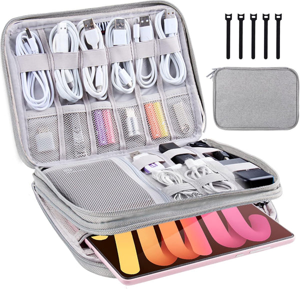 Electronics Organizer Travel Case, Cord Cable Charger Bag, Double Layers Tech Pouch with 5 Cable Ties, Grey