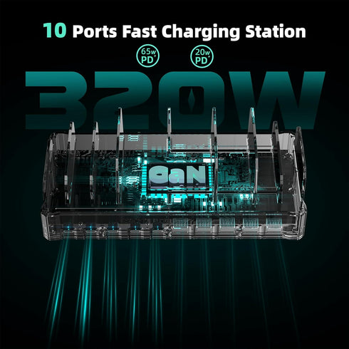 zobirez 320W 10-Port Charging Station for Multiple Devices, USB C Fast Charger Stations for MacBook, iPhone, Android