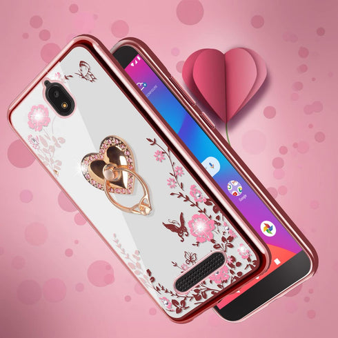 B-wishy for Blu View 2 Case, Glitter Crystal Butterfly Heart Floral Slim TPU Cover with Kickstand & Strap (Rose Gold)