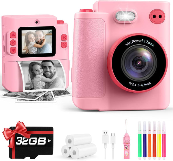 Yunaking Gift for Girls Kids Camera: Instant Print Dual Lens Digital Camera Toys