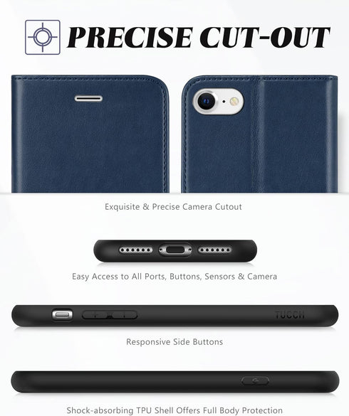TUCCH Wallet Case for iPhone SE 2022/SE2, iPhone 8/7, PU Leather Credit Card Holder, Dark Blue